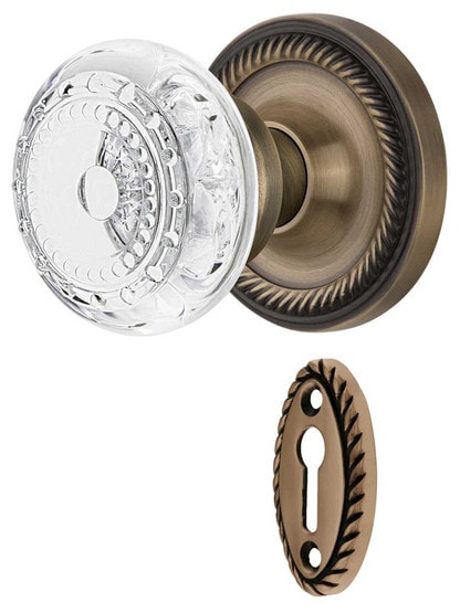 Rope Rosette Mortise-Lock Set with Meadows Crystal-Glass Knobs in Antique Brass.
